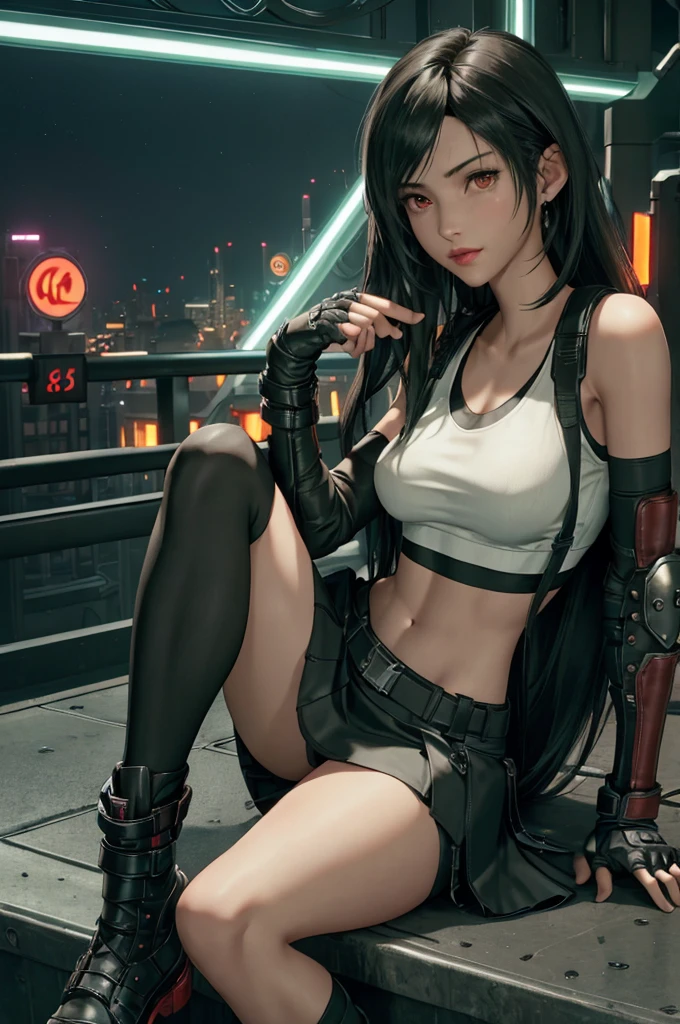 Tifa Lockhart, Final Fantasy VII,,Ankle boots, Black Hair, black skirt, black knee socks, Big Breasts, Cityscape, Crop top, Elbow Gloves, Elbow pads, fingerless gloves, whole body, Headrest, Small face,8 heads,Clear red eyes,lips,View your viewers, low-tied long hair, Panties,Midgar, Green light, night, masterpiece,Highest quality,High resolution,((Accurate human body)),The correct five fingers,True to prompts,Cinema Lighting,The right two legs,, female masturbation