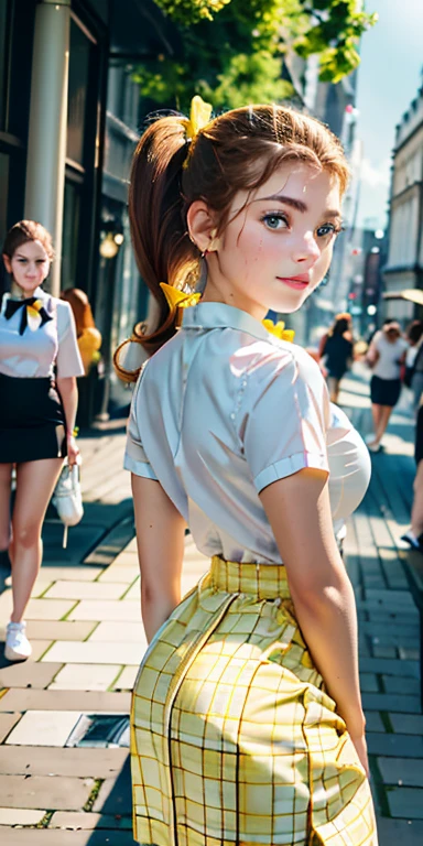 Photo of a  European girl, .RAW, beautiful woman, (Light brown hair with ponytail hairstyle holding hair with yellow ribbon) Light brown hair, ponytail and a yellow ribbon, freckles on cheeks , blue eyes , lindos blue eyes, Nice smile  ,((portrait)), ((detailed face:1.2)), ((detailed facial features)), (finely detailed skin), Pale skin,park, london ferris wheel、white short sleeve shirt with a rose  , medium breasts , yellow skirt with checkered images , yellow skirt with plaid patterns, Black loafers , long white socks 、a sexy one(cool color), humid, humid, Reflectors, (Tabletop) (perfect proportions)(Realistic photos)(The best quality) (detailed) photographed with a Canon EOS R5, 50mm lens, f/2.8, NffSW, (8k) (wallpaper) (cinematic lighting) (Dramatic lighting) (sharp focus) (Convoluted) , modelo adolescente 16 años , pecas en la cara , alegre