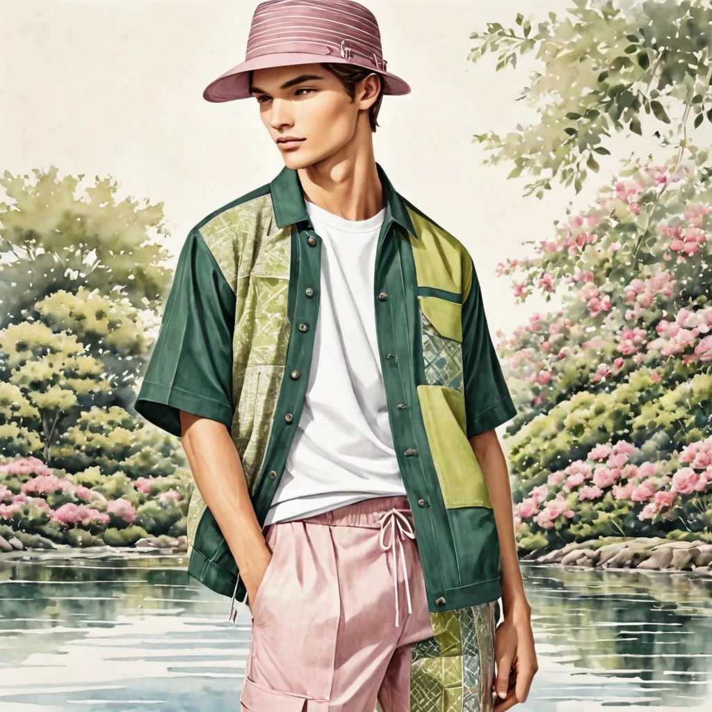 candid fashion illustration of young male supermodels, 20 year old, tall and slender, ((showcase in front and back view)), in fashionable linen outfits inspired by modern and elegant style, (presenting in collage and patch-work style). collage with the mixed of E-co print and ethnic motifs fabric, with color blending of dark green, soft pink, lime, blue and purple. he wears a short-sleeved shirt with oversized patchwork Jacket, Sashiko details. paired with earth tone Drawstring pants. completes the look with striped sneakers, camping hat, Captured in a ((full-body image)), relax and simple pose, ((in water-color paint on white paper background), realistic pencil lines, imperfect drawing, charcoal lines detail, fading sketch, fashion Sketching, (full body drawing),