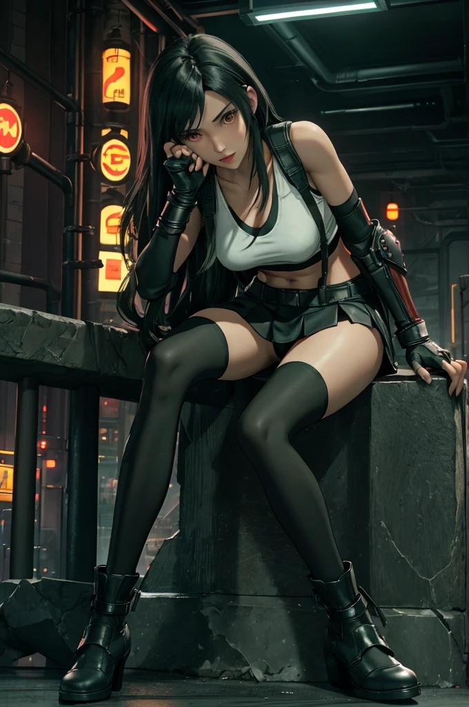 Tifa Lockhart, Final Fantasy VII,,Ankle boots, Black Hair, black skirt, black knee socks, Big Breasts, Cityscape, Crop top, Elbow Gloves, Elbow pads, fingerless gloves, whole body, Headrest, Small face,8 heads,Clear red eyes,lips,View your viewers, low-tied long hair, Panties,Midgar, Green light, night, masterpiece,Highest quality,High resolution,((Accurate human body)),The correct five fingers,True to prompts,Cinema Lighting,The right two legs,, female masturbation