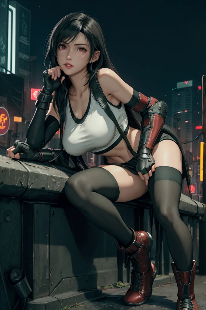 Tifa Lockhart, Final Fantasy VII,,Ankle boots, Black Hair, black skirt, black knee socks, Big Breasts, Cityscape, Crop top, Elbow Gloves, Elbow pads, fingerless gloves, whole body, Headrest, Small face,8 heads,Clear red eyes,lips,View your viewers, low-tied long hair, Panties,Midgar, Green light, night, masterpiece,Highest quality,High resolution,((Accurate human body)),The correct five fingers,True to prompts,Cinema Lighting,The right two legs,, female masturbation