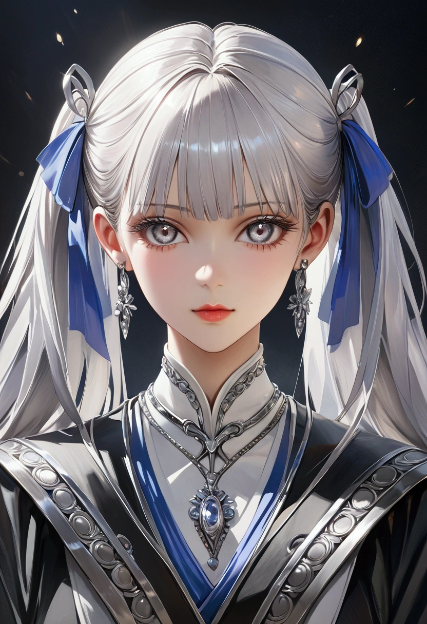 Long smooth straight silver hair tied in twintails, silver eyes,underwear, masterpiece, super detail, best quality, 8k,realistic