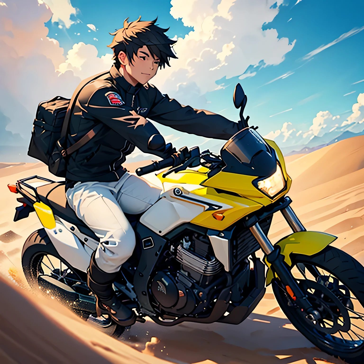 Pizza delivery、Under a bright blue sky dotted with clouds、We will proceed through the vast sand dunes.。, Leaves a dramatic sand trail. The vehicle&#39;s bold design and dynamic movement、Evoke a sense of adventure and excitement in a vast desert landscape。