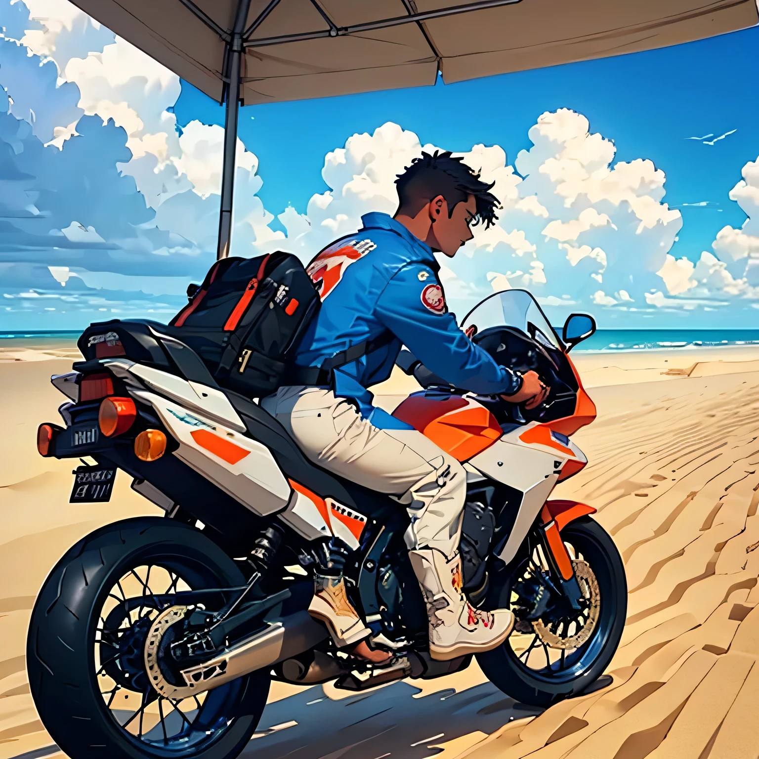 Pizza delivery、Under a bright blue sky dotted with clouds、We will proceed through the vast sand dunes.。, Leaves a dramatic sand trail. The vehicle&#39;s bold design and dynamic movement、Evoke a sense of adventure and excitement in a vast desert landscape。