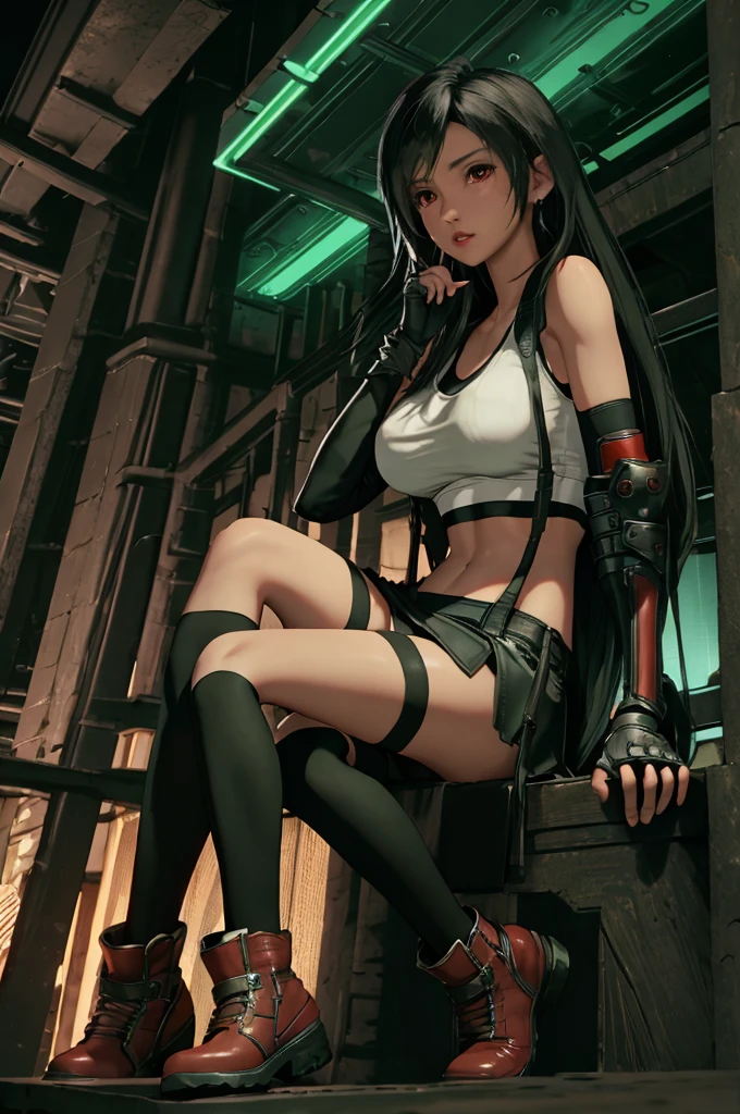 Tifa Lockhart, Final Fantasy VII,,Ankle boots, Black Hair, black skirt, black knee socks, Big Breasts, Cityscape, Crop top, Elbow Gloves, Elbow pads, fingerless gloves, whole body, Headrest, Small face,8 heads,Clear red eyes,lips,View your viewers, low-tied long hair, Panties,Midgar, Green light, night, masterpiece,Highest quality,High resolution,((Accurate human body)),The correct five fingers,True to prompts,Cinema Lighting,The right two legs,, female masturbation