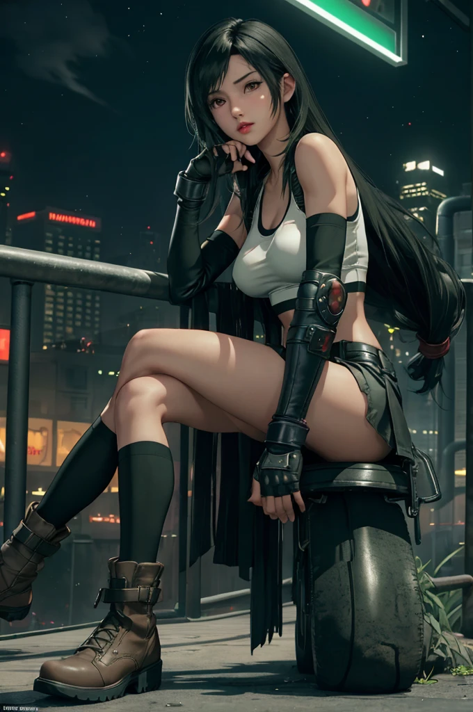 Tifa Lockhart, Final Fantasy VII,,Ankle boots, Black Hair, black skirt, black knee socks, Big Breasts, Cityscape, Crop top, Elbow Gloves, Elbow pads, fingerless gloves, whole body, Headrest, Small face,8 heads,Clear red eyes,lips,View your viewers, low-tied long hair, Panties,Midgar, Green light, night, masterpiece,Highest quality,High resolution,((Accurate human body)),The correct five fingers,True to prompts,Cinema Lighting,The right two legs,, female masturbation