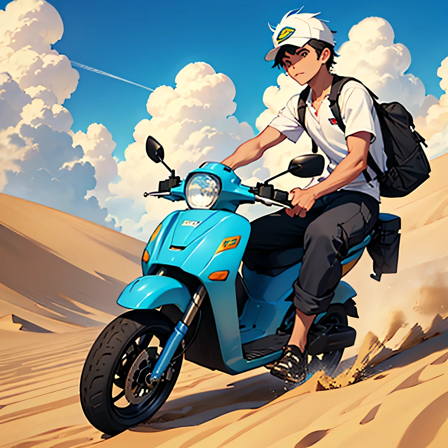 Pizza delivery、Under a bright blue sky dotted with clouds、We will proceed through the vast sand dunes.。, Leaves a dramatic sand trail. The vehicle&#39;s bold design and dynamic movement、Evoke a sense of adventure and excitement in a vast desert landscape。