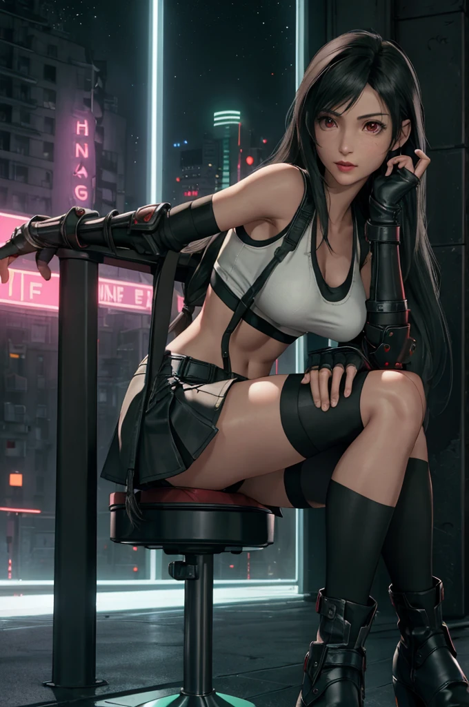 Tifa Lockhart, Final Fantasy VII,,Ankle boots, Black Hair, black skirt, black knee socks, Big Breasts, Cityscape, Crop top, Elbow Gloves, Elbow pads, fingerless gloves, whole body, Headrest, Small face,8 heads,Clear red eyes,lips,View your viewers, low-tied long hair, Panties,Midgar, Green light, night, masterpiece,Highest quality,High resolution,((Accurate human body)),The correct five fingers,True to prompts,Cinema Lighting,The right two legs,, female masturbation