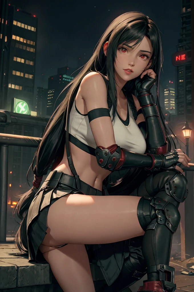 Tifa Lockhart, Final Fantasy VII,,Ankle boots, Black Hair, black skirt, black knee socks, Big Breasts, Cityscape, Crop top, Elbow Gloves, Elbow pads, fingerless gloves, whole body, Headrest, Small face,8 heads,Clear red eyes,lips,View your viewers, low-tied long hair, Panties,Midgar, Green light, night, masterpiece,Highest quality,High resolution,((Accurate human body)),The correct five fingers,True to prompts,Cinema Lighting,The right two legs,, female masturbation