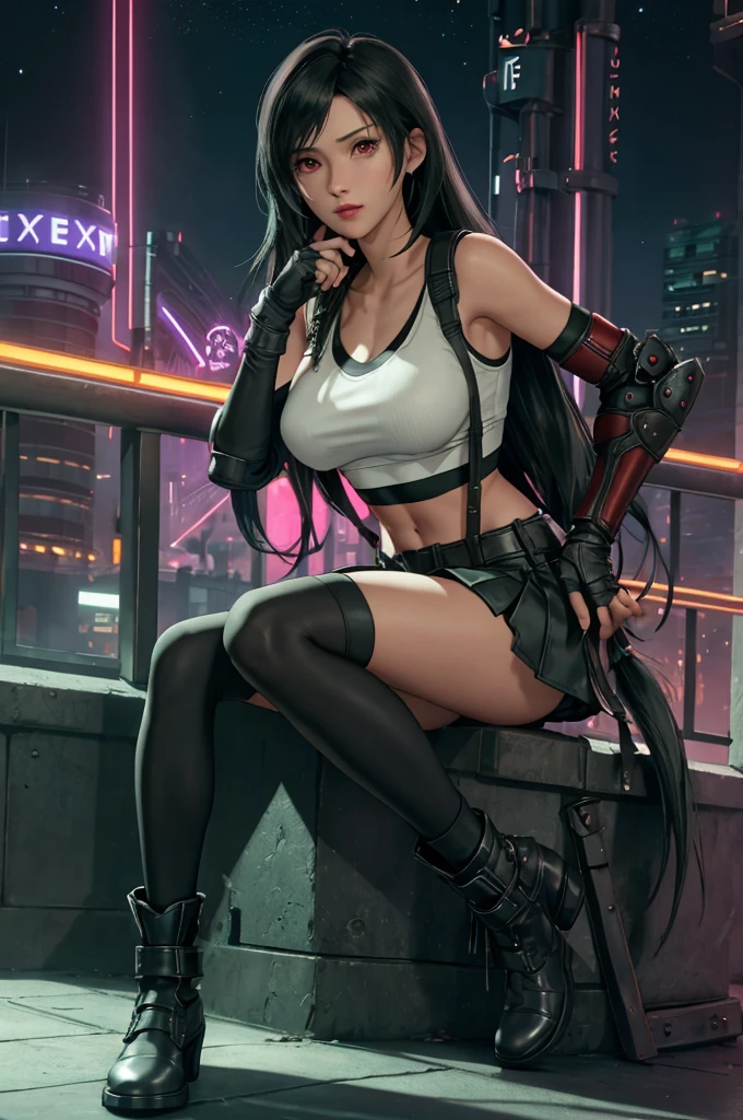 Tifa Lockhart, Final Fantasy VII,,Ankle boots, Black Hair, black skirt, black knee socks, Big Breasts, Cityscape, Crop top, Elbow Gloves, Elbow pads, fingerless gloves, whole body, Headrest, Small face,8 heads,Clear red eyes,lips,View your viewers, low-tied long hair, Panties,Midgar, Green light, night, masterpiece,Highest quality,High resolution,((Accurate human body)),The correct five fingers,True to prompts,Cinema Lighting,The right two legs,, female masturbation