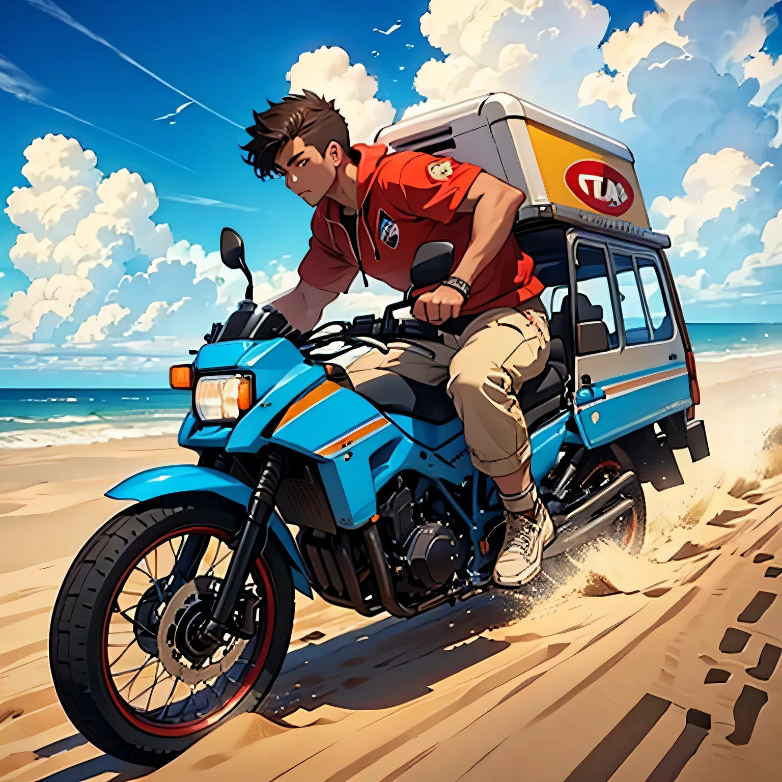 Pizza delivery、Under a bright blue sky dotted with clouds、We will proceed through the vast sand dunes.。, Leaves a dramatic sand trail. The vehicle&#39;s bold design and dynamic movement、Evoke a sense of adventure and excitement in a vast desert landscape。