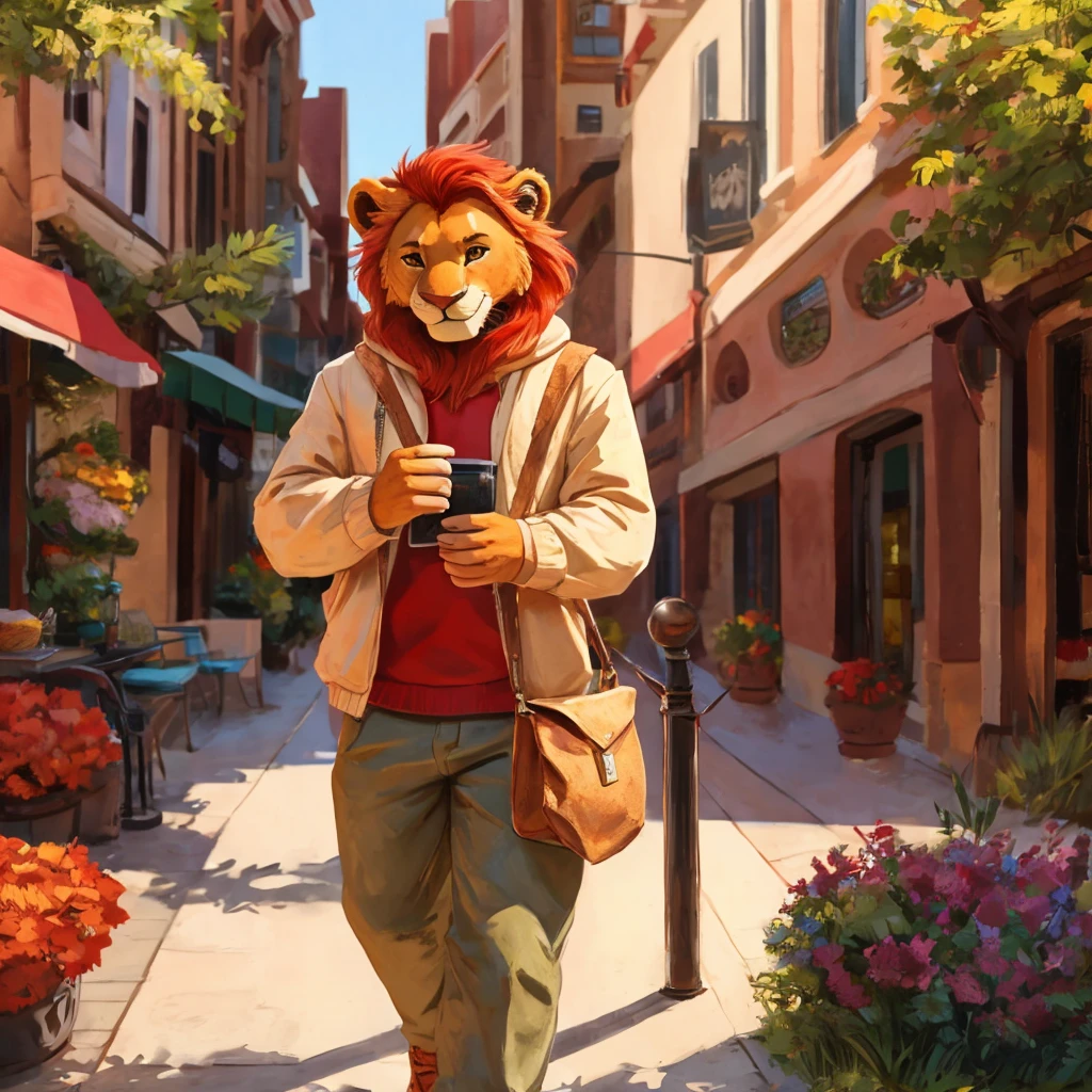 An anthropomorphic and cute orange lion, casual clothes, red hair, closed smile, high quality furry art.