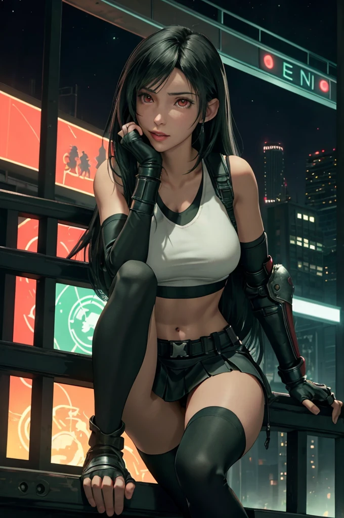 Tifa Lockhart, Final Fantasy VII,,Ankle boots, Black Hair, black skirt, black knee socks, Big Breasts, Cityscape, Crop top, Elbow Gloves, Elbow pads, fingerless gloves, whole body, Headrest, Small face,8 heads,Clear red eyes,lips,View your viewers, low-tied long hair, Panties,Midgar, Green light, night, masterpiece,Highest quality,High resolution,((Accurate human body)),The correct five fingers,True to prompts,Cinema Lighting,The right two legs,, female masturbation