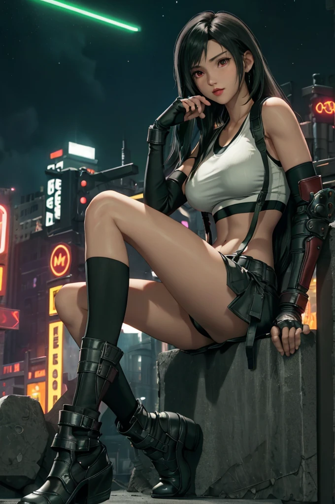 Tifa Lockhart, Final Fantasy VII,,Ankle boots, Black Hair, black skirt, black knee socks, Big Breasts, Cityscape, Crop top, Elbow Gloves, Elbow pads, fingerless gloves, whole body, Headrest, Small face,8 heads,Clear red eyes,lips,View your viewers, low-tied long hair, Panties,Midgar, Green light, night, masterpiece,Highest quality,High resolution,((Accurate human body)),The correct five fingers,True to prompts,Cinema Lighting,The right two legs,, female masturbation