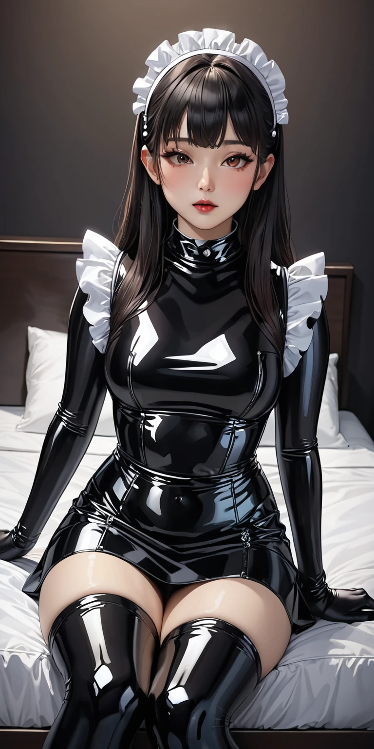 Portrait painting、(masterpiece,top quality,ultra high resolution),Japanese women,headband、 (((Very beautiful 2))),(Latex Maid Outfits)、(Long latex skirt)、(Latex shirt with long sleeves, covering the upper part of the body.)、latex long gloves、Latex socks、latex bodysuit、Clothing fits snugly to the body、The latex is very shiny..、a dark room、sitting on the bed