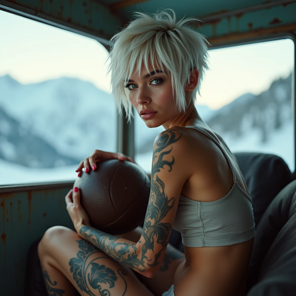 ((RAW photo), absurd, (absurdresolution)), masterpiece, best quality, close-up photo of very attractive, beautiful girl, ((seductive look, ultra-detailed sharp pupil, realistic)), fit girl, (Perfect girl with short white broken hair), (sexy crop top), (tattoos, sexy look), (((sitting holding ball, inside materialistic trailer, turns to look at viewer))), (background: snowy mountains), (side view, drone view. Photographic Perspective). «SunPuma S»