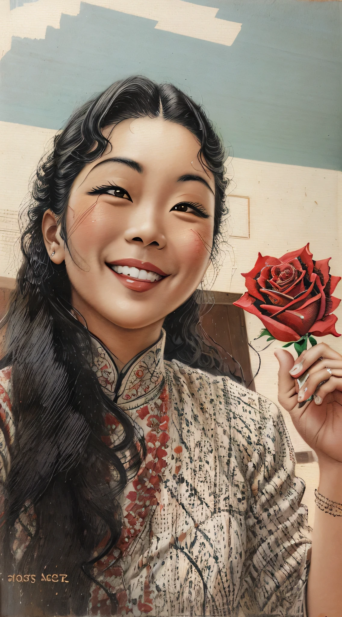 smiling woman holding a red rose in her hand in a room, holding a rose, red rose in hair, with a happy expression, holding a red rose, kalighat flowers, very accurate photo, holding a flower, with kind face, with accurate face, paper quilling, profile image, rose in hair, asian woman made from origamiHD, (Best Detail), (Best Quality), Vintage Poster, Traditional Media,