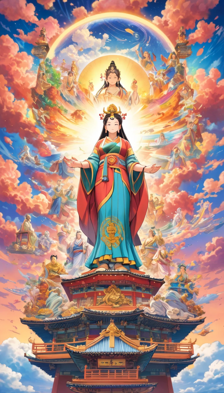  詳細なAnime Art, Hand-painted Mother Kannon statue, Ride the Clouds, Surrounded by five hand-painted Bodhisattva statues, Colorful Clouds, Absurd, Anime Art, art，advertisement，Colored pencil drawing，draft 