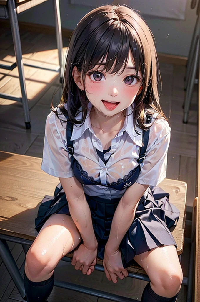 Highest quality、Amazing details、Extremely detailed depiction、(RAW Photos:1.2)、Delicate skin、Ultra-high resolution、(Realistic、Live Action)、Bright lighting、(Cute Japanese Woman)、(A radiant smile、Big smile、Bright smile、Open your mouth)、(look up、School uniforms、Wet shirt、skirt、Bra is visible:1.4)、(Shooting from above、Looking into the camera:1.2)、(Please raise your hand、Sitting in a dark classroom:1.3)、(Spread your legs、I see your cute pants、Focus on the legs:1.3)、Perfect Anatomy、Full Body Shot