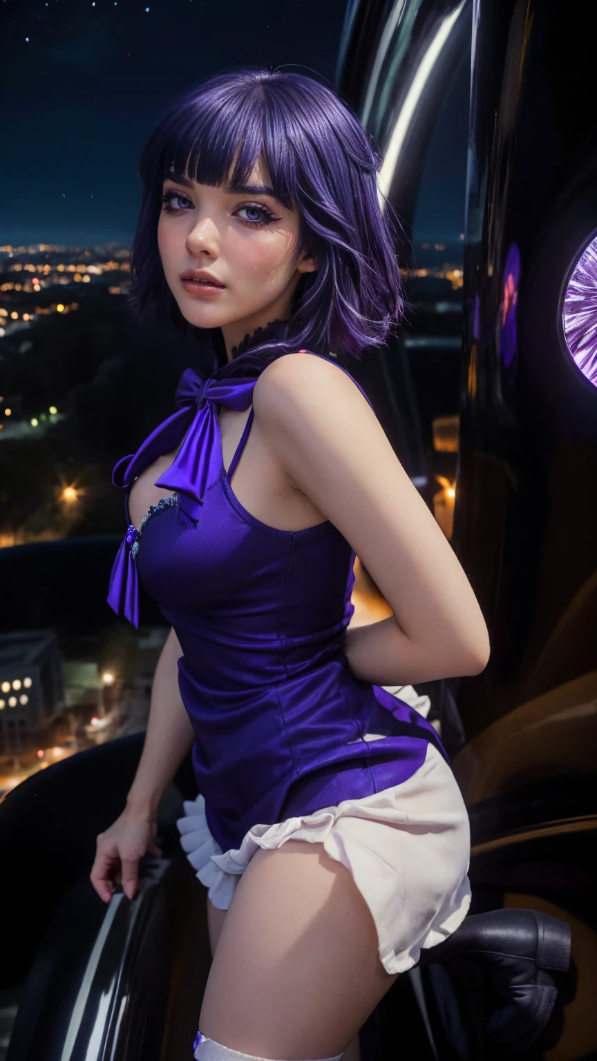 (1 lady), (Best quality at best:1.4), (ultra - detailed), (extremely detailed CG unified 16k), A Beautiful Woman with Perfect Figure: 1.4, Sharp Focus: 1.2, purple hair, very detailed, High-definition RAW color photo, professional photoshooting, amazing face and eyes, cosmetics, (amazingly beautiful girl), ((frederica bernkastel)), Bethcast, ((exact clothes: dress, bowtie, mary janes, socks, cat tail, tail bow, tail ornament)), levitating in a cute posture, (floating in space), (She's levitating in a cosmic sea, outer space:1.3, quantum hyperspace room lacking walls, hyperspace chamber, extremely detailed background, a lot of details background, realistic background), (look from above), realistic cinematic face, head to feet long wide zoomed out view, full body long view, photorealistic, ((realistic natural purple hair style, purple eyes)), gorgeous, extremely beautiful face, perfect model beauty, pout mouth, Highly Detailed Face and Skin Texture, Detailed Eyes, Double Eyelids, Big Breasts, Expressionless, (masterpiece), best quality, high resolution, extremely detailed, cinematic lighting, amazing legs, high heels, clear and well-cared skin, pale skin, frederica bernkastel exact dress: 1, black and white dress: 1, the hemline of the dress is long enough to cover both of her knees, the hemline of the dress ends at her knees, perfectly exact bernkastel dress: 1