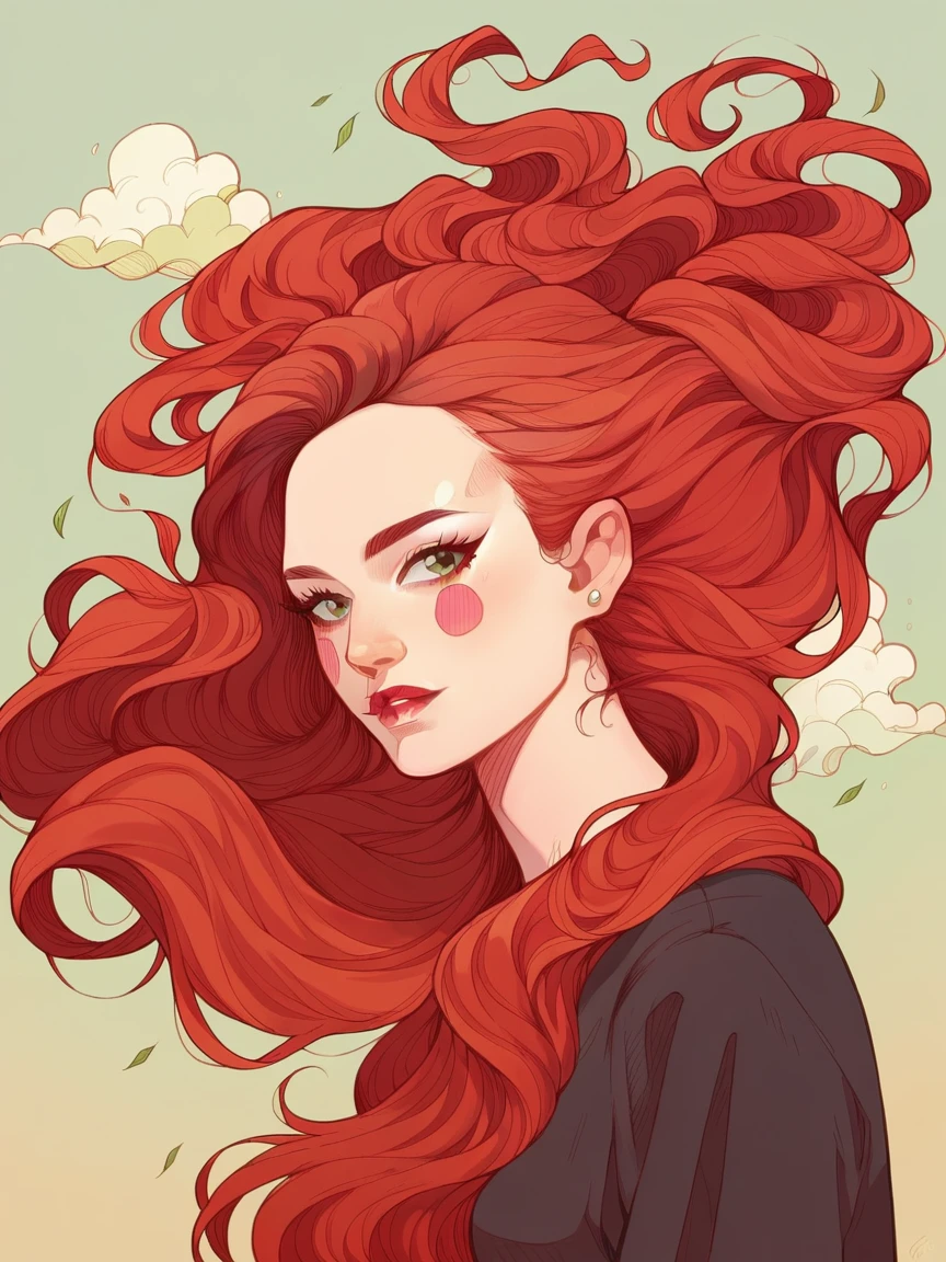    l1z, 1 girl, tatoo, standing alone, long hair in the wind, Red hair, serene and calm face