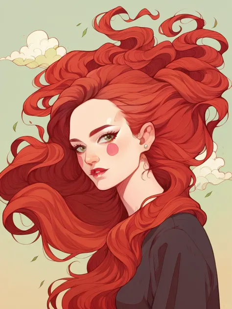 l1z, 1 girl, tatoo, standing alone, long hair in the wind, red hair, serene and calm face