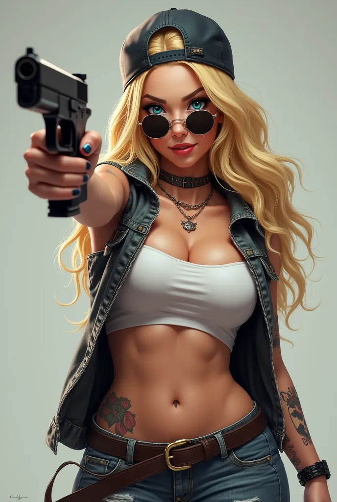 blonde girl with blue eyes, raised right eyebrow , wearing a cow printed vest with black tshirt , black round shades , thick eyeliner, dimples, lip filler, thick eyebrows, eyelashes, big breasts, six pack abs abs, full body shot from head to toe, holding a gun towards the sky while looking at viewer , cocky smile, tattoos on left arm. Backwards cap, shades sliding down eyes, earrings, choker, Necklace. 