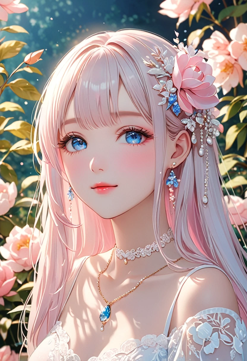 (Highest quality、masterpiece、Ultra-fine、Ultra-fine、delicate、delicate、16K、Full HD) 、((boost mood)),One girl, alone,One girl, lillia, One Girl、 long hair、blue eyes、White dress with black lace、large pink ribbon on the chest、sunny、smile、(full of energy)(Blue eyes、Long eyelashes、White skin、slim、Pale pink lips、Pale pink cheeks、thin and long)、(thin and high nose、Small Nose)、