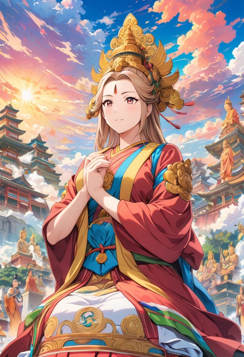  詳細なAnime Art, Masterpiece, Highest quality, ８K, Hand-painted Mother Kannon statue, Ride the Clouds, Surrounded by five hand-painted Bodhisattva statues, Colorful Clouds, Absurd, Anime Art, art，advertisement，Colored pencil drawing，draft 