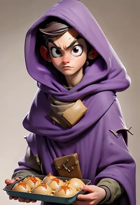 a character wearing a purple hood. with an irreverent expression holding a tray with a bomb