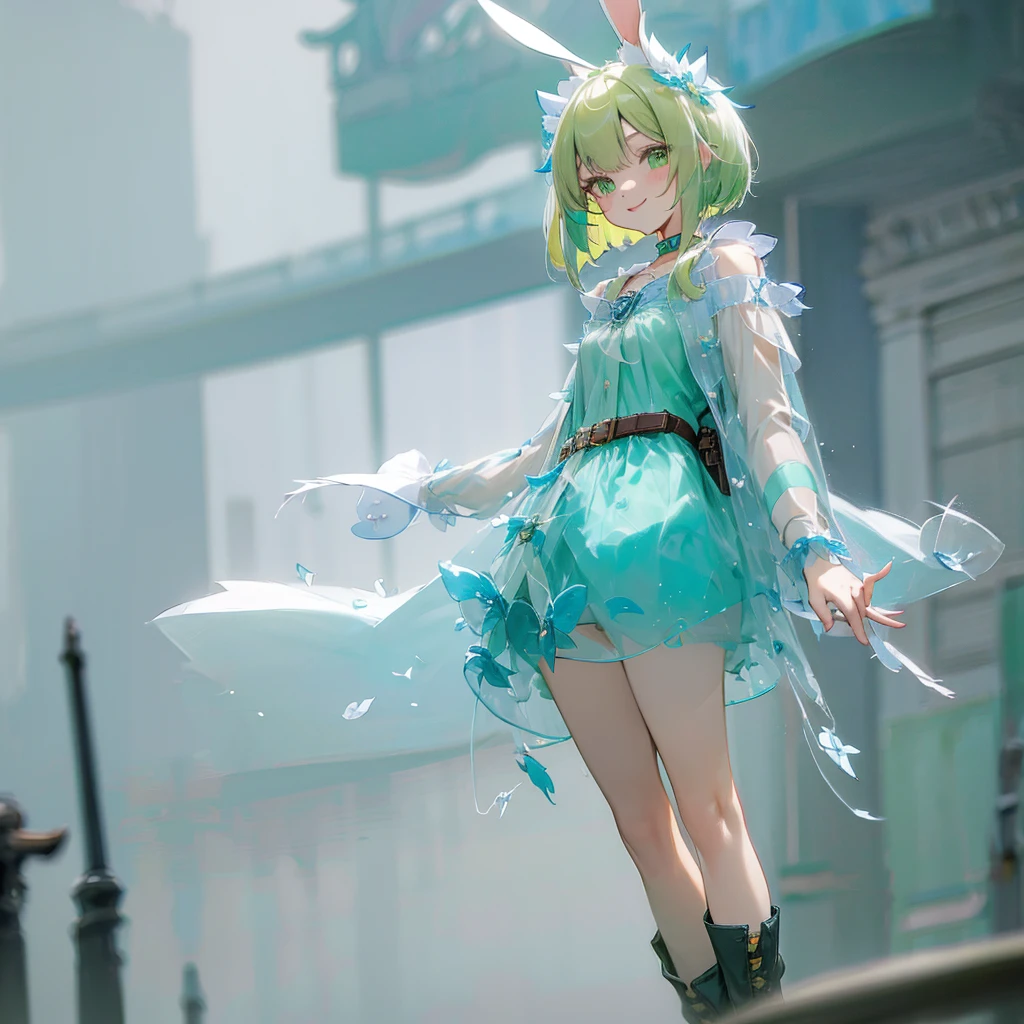 (long Green rabbit ears), green animal ears, (a girl), green hair, green eyes, bob cut, thin eyebrows, smiling, young, alone, short, blouse, coat,choker, long boots, red hood, fingerless globe, belt, waist pouch, in the city, cafe, tiny, baby face