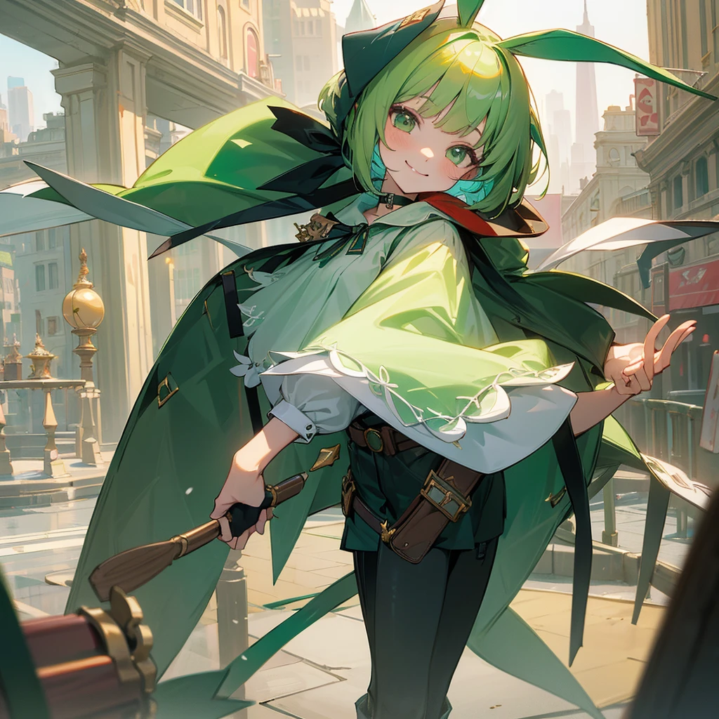 (long Green rabbit ears), green animal ears, (a girl), green hair, green eyes, bob cut, thin eyebrows, smiling, young, alone, short, blouse, coat,choker, long boots, red hood, fingerless globe, belt, waist pouch, in the city, cafe, tiny, baby face