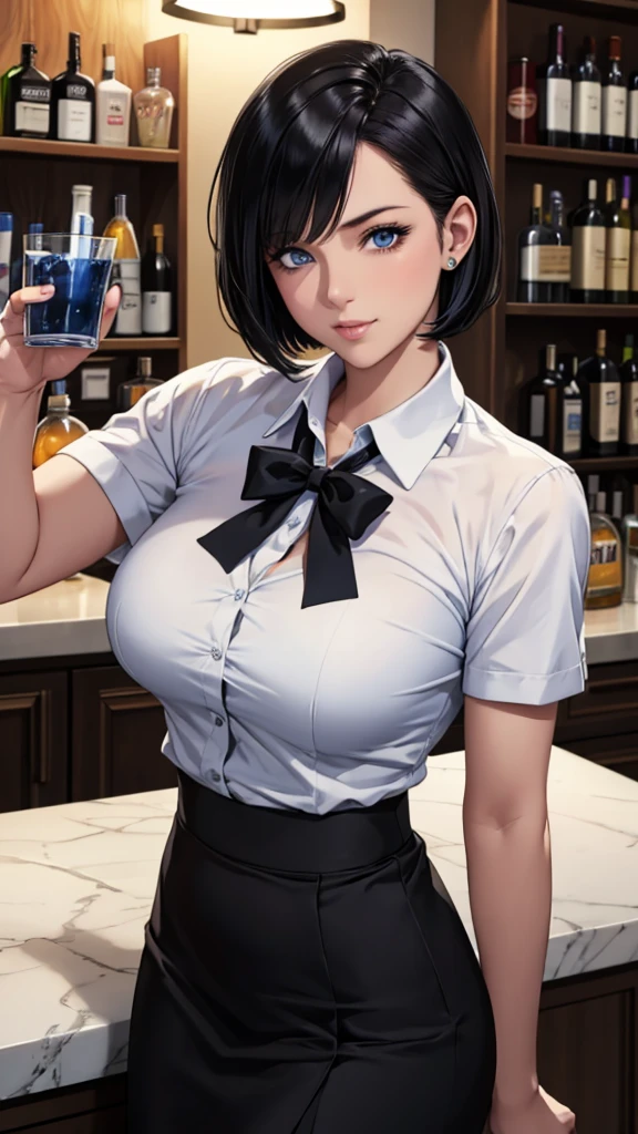 A female bartender with short bob of black hair is at the BAR, Blue eyes, black cummerbund, white shirt, black skirt