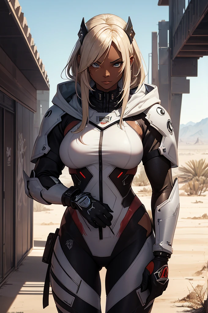 Cyborg style concept art (((Graffiti art) (Carne Griffith)), (Super Detail), Attention to detail, high quality, 8k, (masterpiece), 最high quality, Solo March in the Desert, Hard March, Dark Skin, Black women, whole body, Toned Muscles, Symmetric, Perfect Face, A dust-proof cloth that covers half of the face, Worn hooded hard coat for dust protection, Dominant figure, Conceit, That&#39;s horrible, cold, ((Excellent shading)), Mysterious Person, (Army Green Armor), ((Dark desert background))