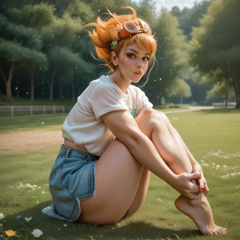 a teenage girl with freckles, sitting on a grassy ground in a relaxed manner. she is playfully kicking her bare feet in the air....