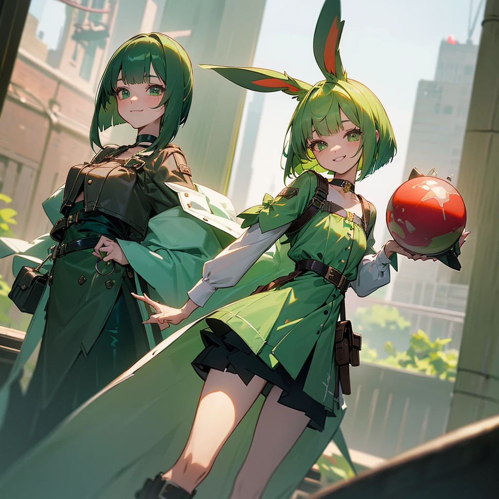 (long Green rabbit ears), green animal ears, (a girl), green hair, green eyes, bob cut, thin eyebrows, smiling, young, alone, Lolita, short, blouse, coat,choker, long boots, red hood, harness, fingerless globe, belt, waist pouch, in the city, cafe, tiny, baby face