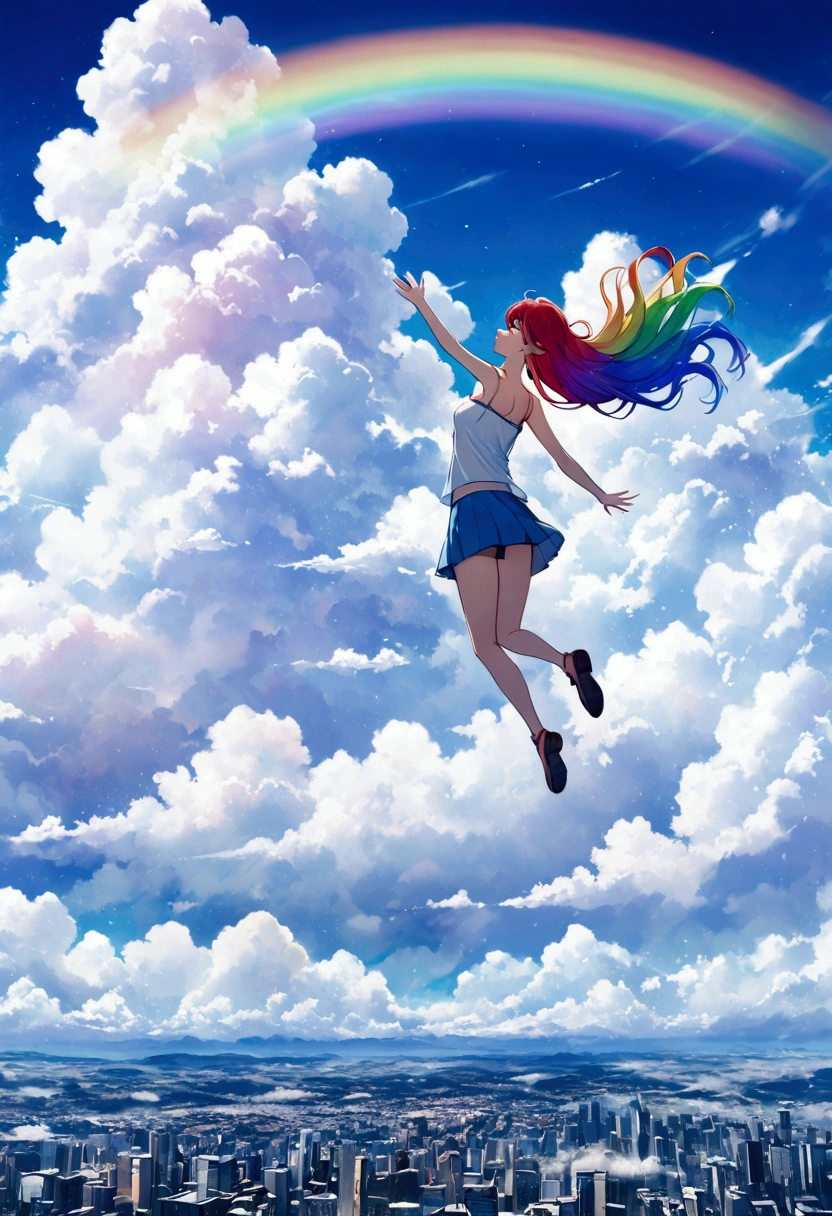 woman,Reaching out, rainbow-colored hair,Long Hair,Shorts Camisole,mini skirt　Big fluffy cloud,noon,It rains,, Floating in the clouds, falling upside down 　Catching the wind, the cityscape seen in the distance