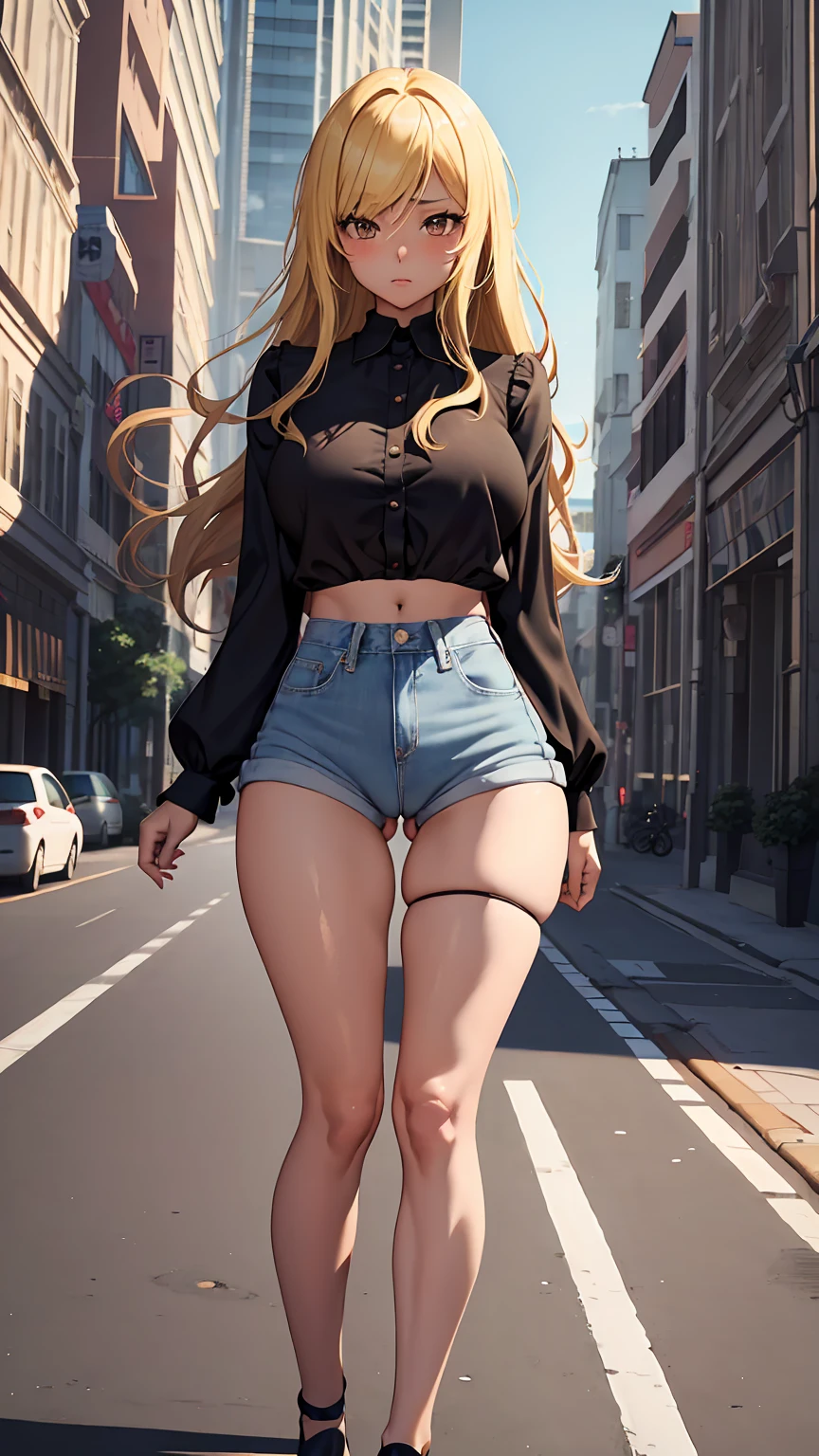 1girl, anime girl, anime, (dark skin), 2d girl, 18y, (fullbody), standing, anime girl, pensive, (blonde hair), ((black blouse)), Solo, Slim, large breasts, big , big Breasts, Tight Shorts, low waist shorts, upshorts, skyscrapers background, modern city, looking at viewer, darker shadows, (((Wedgie))), (((explicit))), (((shorts))), (((absurdres))), (((thigh gap))), (((cameltoe))), (((cleft of venus))), (((lowleg shorts))), (((innie pussy))), (((inniepussy))), (((innie_pussy))),