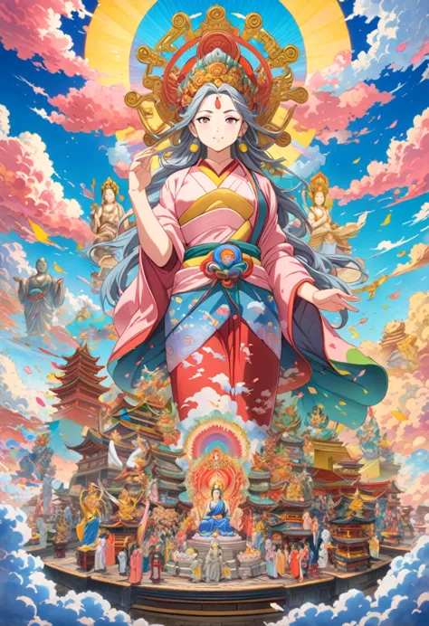 詳細なanime art, masterpiece, highest quality, ８k, hand-painted mother kannon statue, ride the clouds, surrounded by five hand-pain...