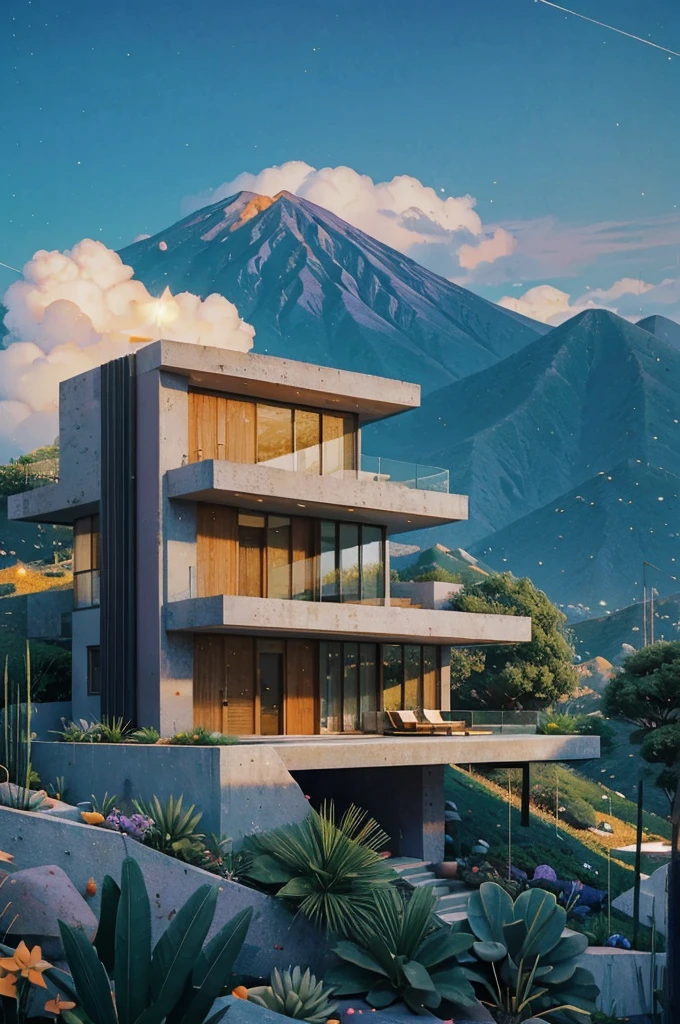 small and beautiful modern house in top of big boulders, terraces, pool, stairs, multiple cacti gardens, palms, trees, rocks, beautiful landscape design, mountains and volcano y background, amazing clouds, sun, moon, planets, milky way galaxy, concrete, wood, glass and steel materials, olive green, violet, orange and withe colors in facade