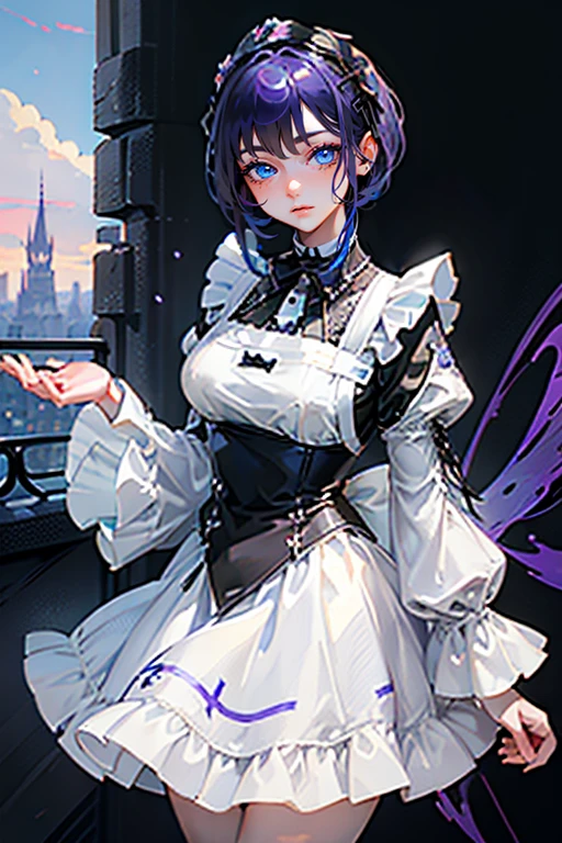 Beautiful face, beauty, white skin, purple-blue eyes, short purple-blue hair, hair covering her left eye, cute body, Cute waitress outfit, detailed black dress, white embellished apron, An ornate dress containing embellishments and bows, a castle maid's dress, black tie, castle background, Touka Kirishima, Tokyo Ghoul 