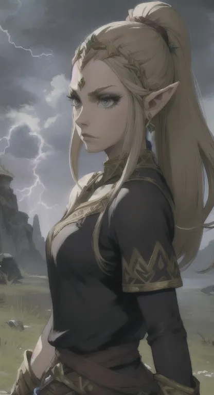 ruined hyrule, princess zelda, judgemental glare, thunderstorm, messy hair, hero's armor,