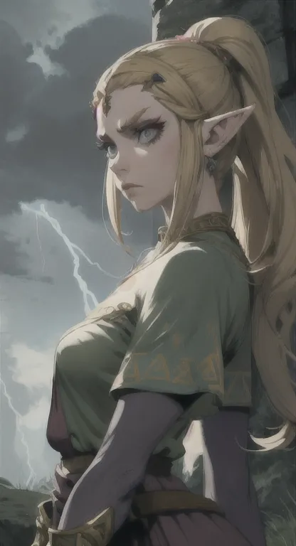 ruined hyrule, princess zelda, judgemental glare, thunderstorm, messy hair, hero's armor,