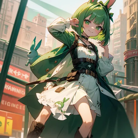 (long green rabbit ears), green animal ears, (1 girl), green hair, green eyes, bob cut, thin eyebrows, smiling, young, alone, lo...