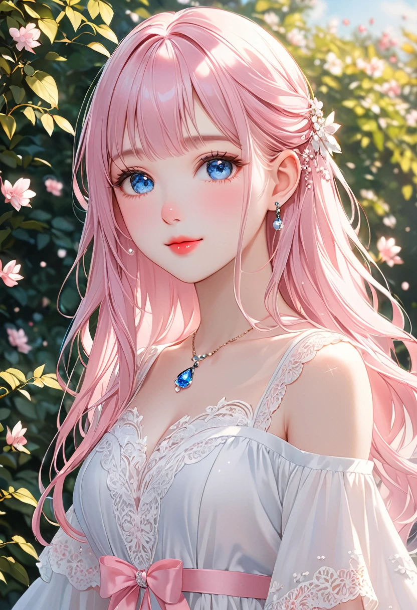 (Highest quality、masterpiece、Ultra-fine、Ultra-fine、delicate、delicate、16K、Full HD) 、((boost mood)),One girl, alone,One girl, lillia, One Girl、 long hair、blue eyes、White dress with black lace、large pink ribbon on the chest、sunny、smile、(full of energy)(Blue eyes、Long eyelashes、White skin、slim、Pale  lips、Pale pink cheeks、thin and long)、(thin and high nose、Small Nose)、