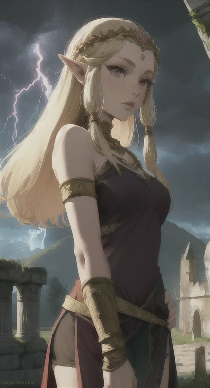 Ancient Hylian, Devine princess Hylia, blonde, red eyes, looking at viewer, POV, ancient Devine armor, long messy hair, ancient Hyrule, medieval castle ruins, thunderstorm, lightning,