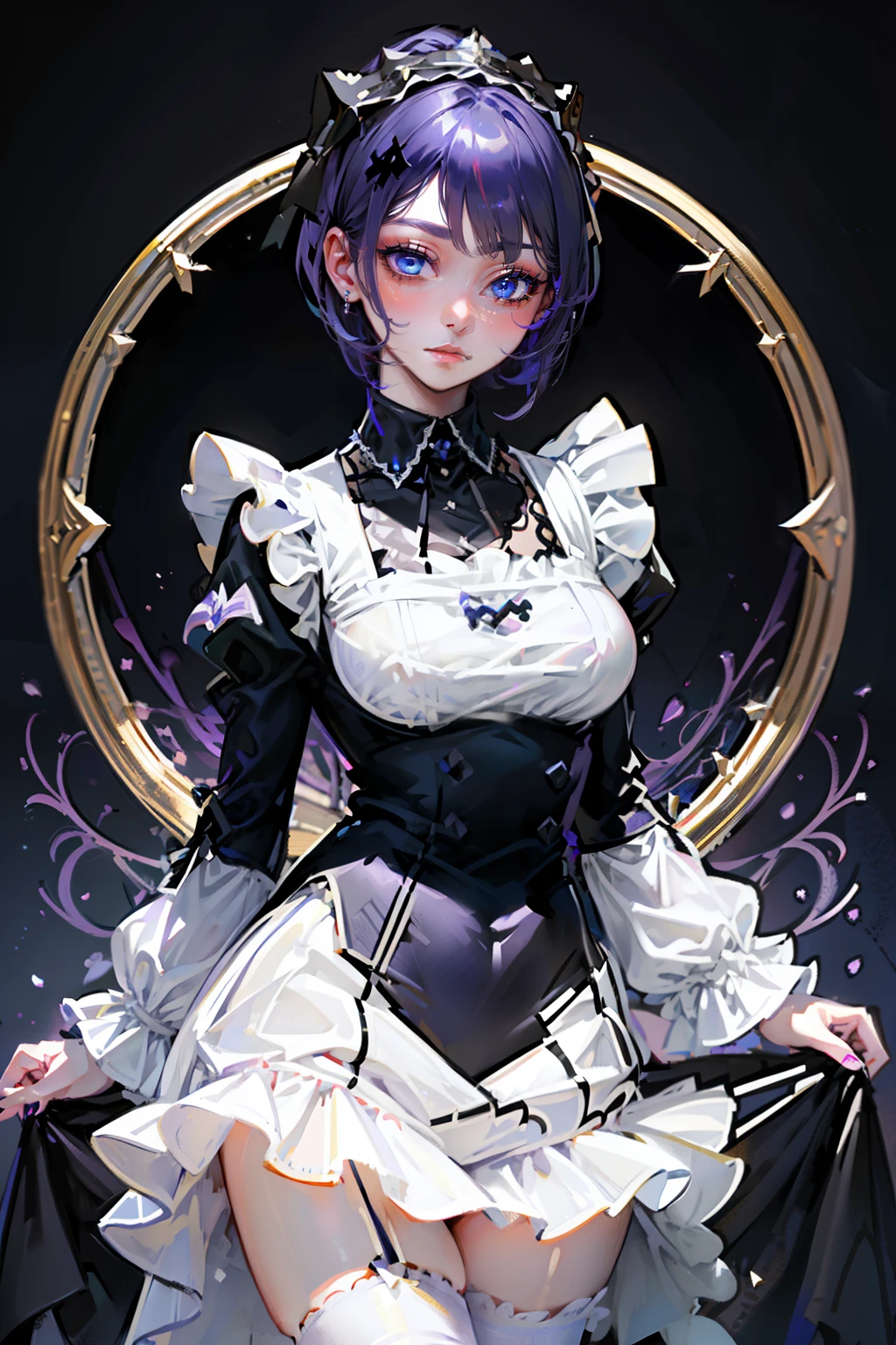 Beautiful face, beauty, white skin, purple-blue eyes, short purple-blue hair, hair covering her left eye, cute body, Cute waitress outfit, detailed black dress, white embellished apron, An ornate dress containing embellishments and bows, a castle maid's dress, black tie, castle background, Touka Kirishima, Tokyo Ghoul 