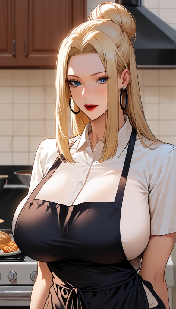  Hot beautiful mei cooking food in kitchen ,red lipstick, big oversized hoops Earrings, huge saggy breasts  ,  blonde long hair bun ,blue eyes, detailed eyes, wearing apron tightly,  High Resolution, Masterpiece, Accurate, Anatomically Correct, Best Quality, Detail, High Details, HD, High Quality, Super Detailed, UHD, 