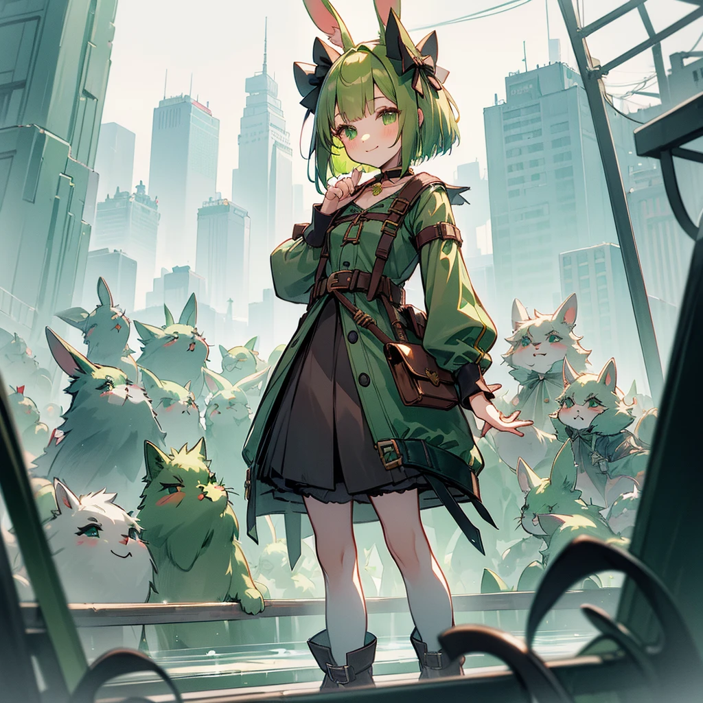 (long Green rabbit ears), green animal ears, (1 girl), green hair, green eyes, bob cut, thin eyebrows, smiling, young, alone, Lolita, childhood, short, blouse, coat,choker, long boots, red hood, harness, fingerless globe, belt, waist pouch, in the city, cafe, tiny, baby face