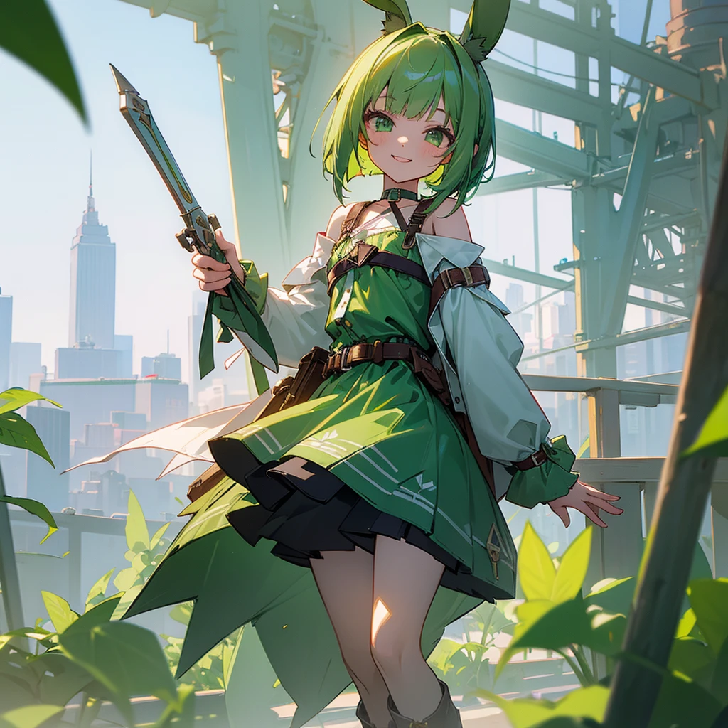 (long Green rabbit ears), green animal ears, (1 girl), green hair, green eyes, bob cut, thin eyebrows, smiling, young, alone, Lolita, childhood, short, blouse, coat,choker, long boots, red hood, harness, fingerless globe, belt, waist pouch, in the city, cafe, tiny, baby face